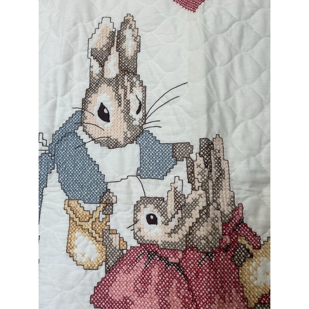 Vtg Peter Rabbit Cross Stitch Quilt Beatrix Potter Crib Blanket Wall Hanging